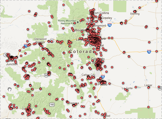 Map showing the location of charities in CO with total revenue from $0 - $50,000. Map based on data collected for over 10,000 organizations; for detail, order a copy of the data CD