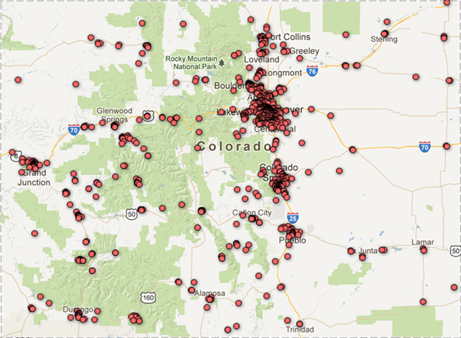 Map showing the location of charities in CO with total revenue from $50,000 - $200,000. Map based on data collected for over 10,000 organizations; for detail, order a copy of the data CD