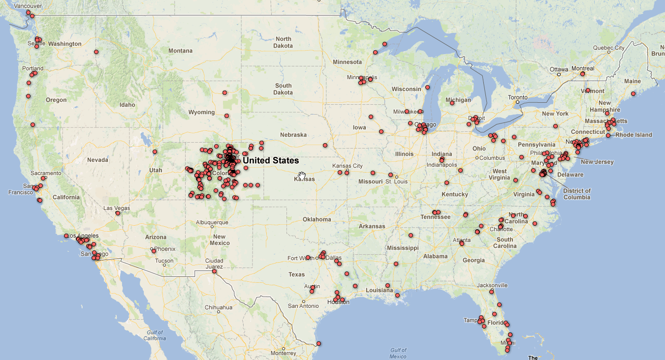 Map showing the location of all registered charities in the US with total revenue from $50,000 - $200,000. Map based on data collected for over 10,000 organizations; for detail, order a copy of the data CD