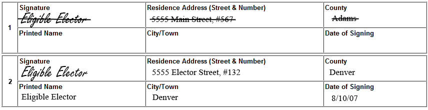  Image showing signature, residence address, and county crossed out and new information entered on the line below.