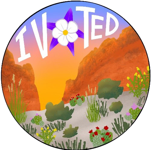 A circular image of a desert landscape with the words "I Voted"